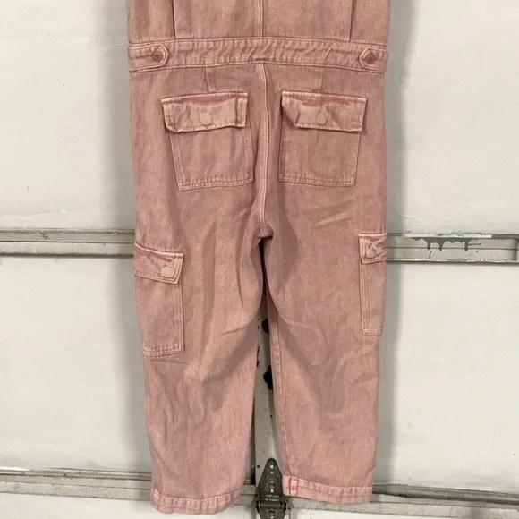 Spool 72 distressed pink denim jean jumpsuit overalls size small Petite - Picture 8 of 12